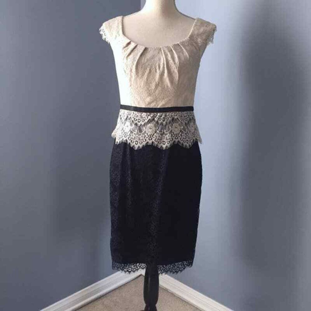 Maggy London Dress Womens 2‎ Cream & Black Sheath Peplum Lace Cap Sleeve
